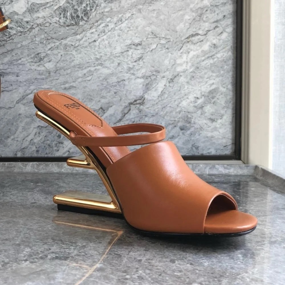 Fendi Tan and Gold Heeled Sandals